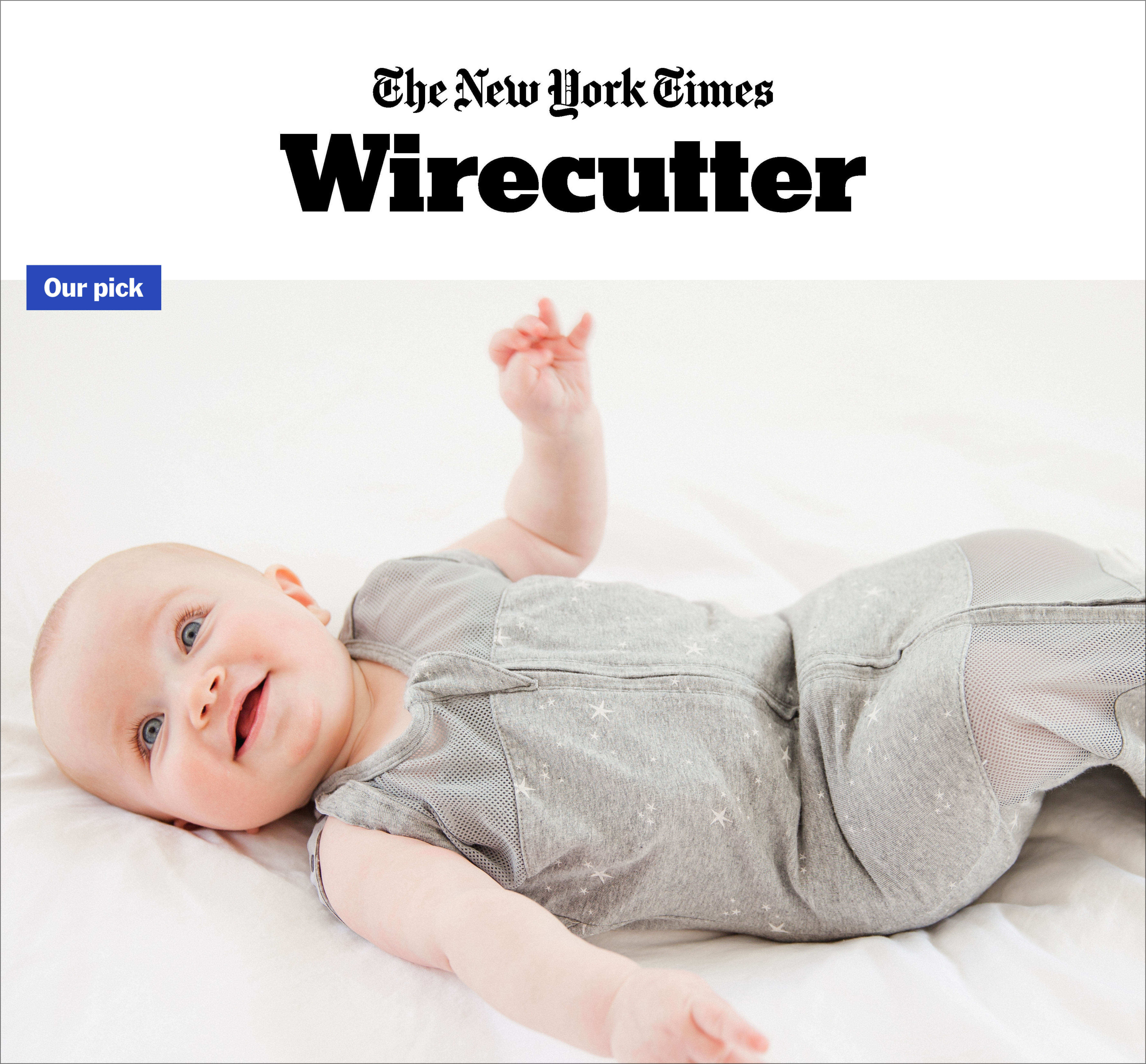 A magazine image of a smiling baby in a 5-Second Baby Swaddle