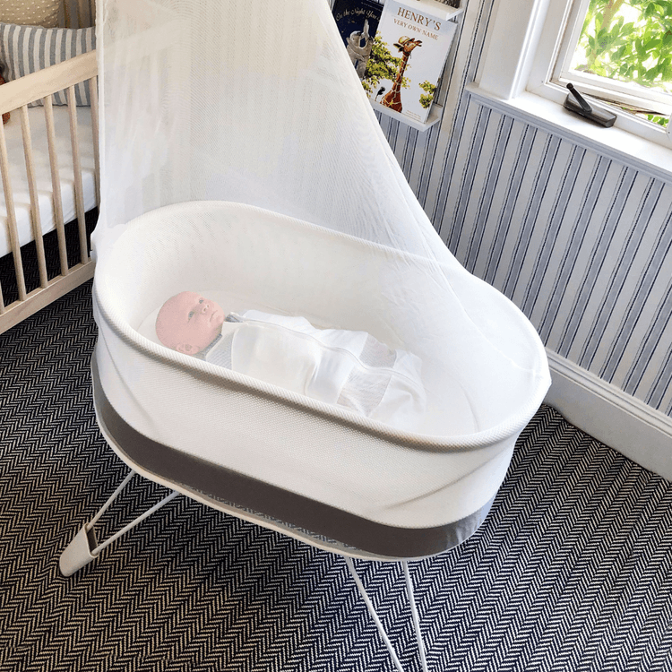 Baby in the SNOO Smart Sleeper Bassinet with mosquito net attached