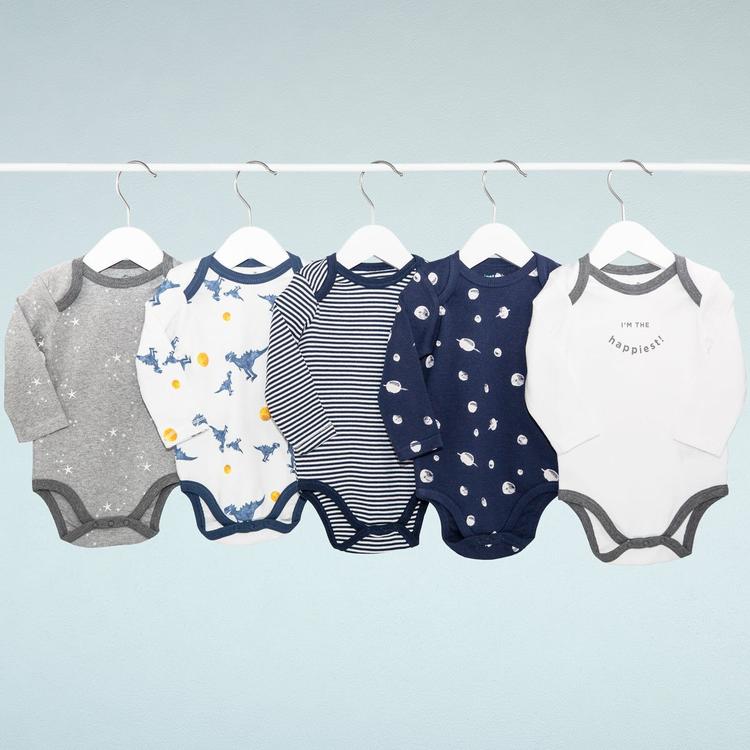 5 Long-Sleeve Baby Bodysuits hanging on a hanger