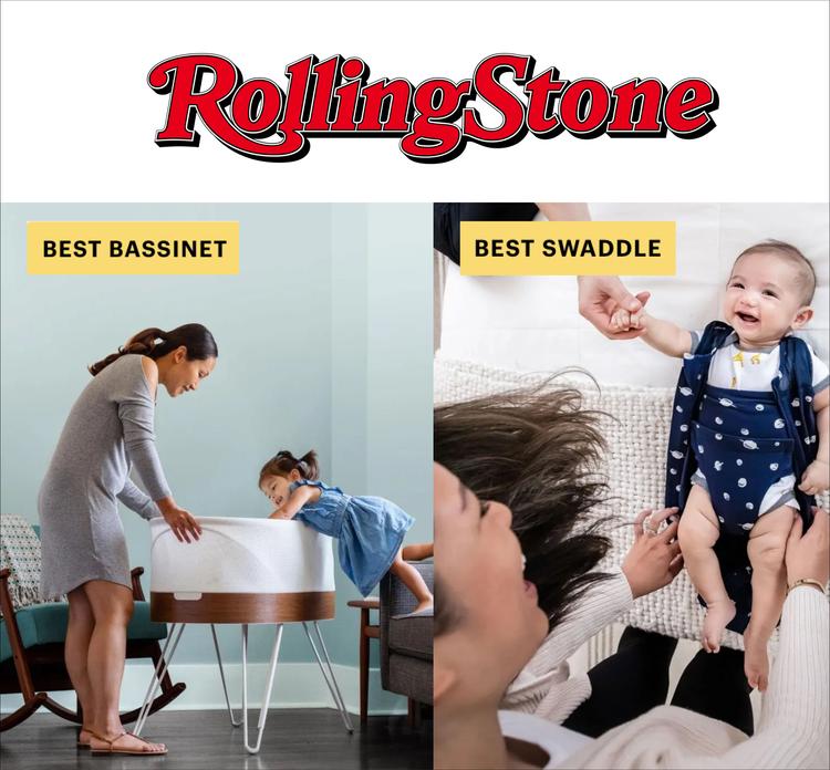 A magazine image of a woman and children with the SNOO bassinet and swaddle