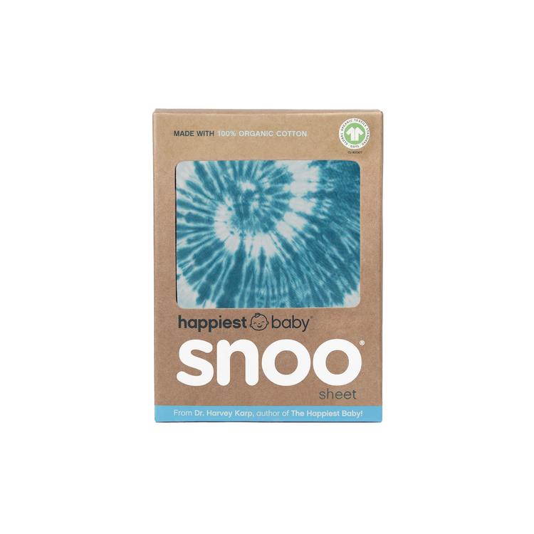 100% Organic Cotton SNOO Baby Cot Fitted Sheet in blue tie-dye colour in the box