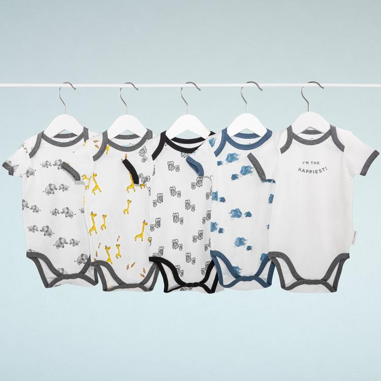 5 Baby Bodysuits hanging on a hanger